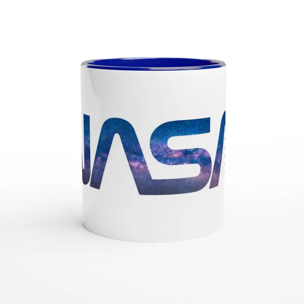 a white and blue nasa coffee mug with the word nasa printed on it