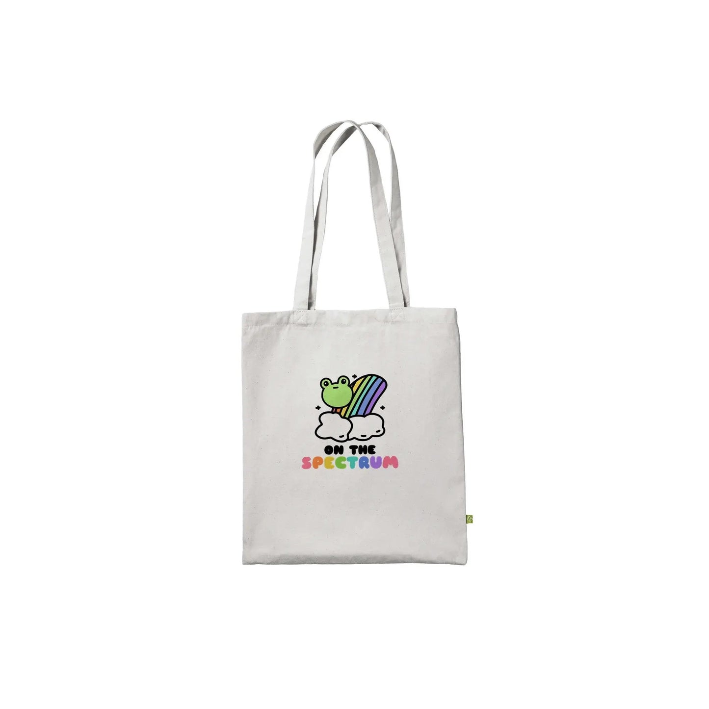 a white tote bag with a cartoon character on it