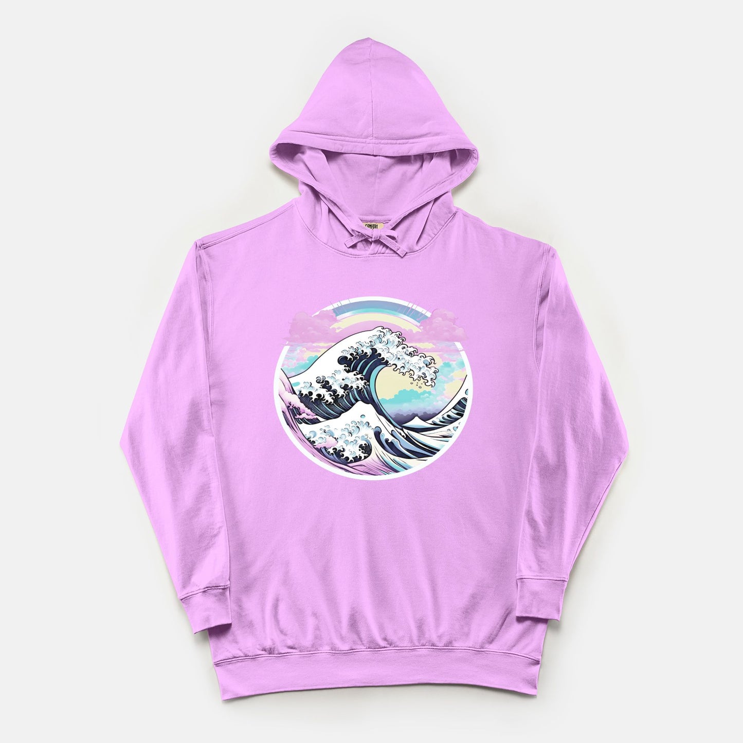 Pastel Great Wave Comfort Colors Lightweight Hooded Sweatshirt Neon Violet