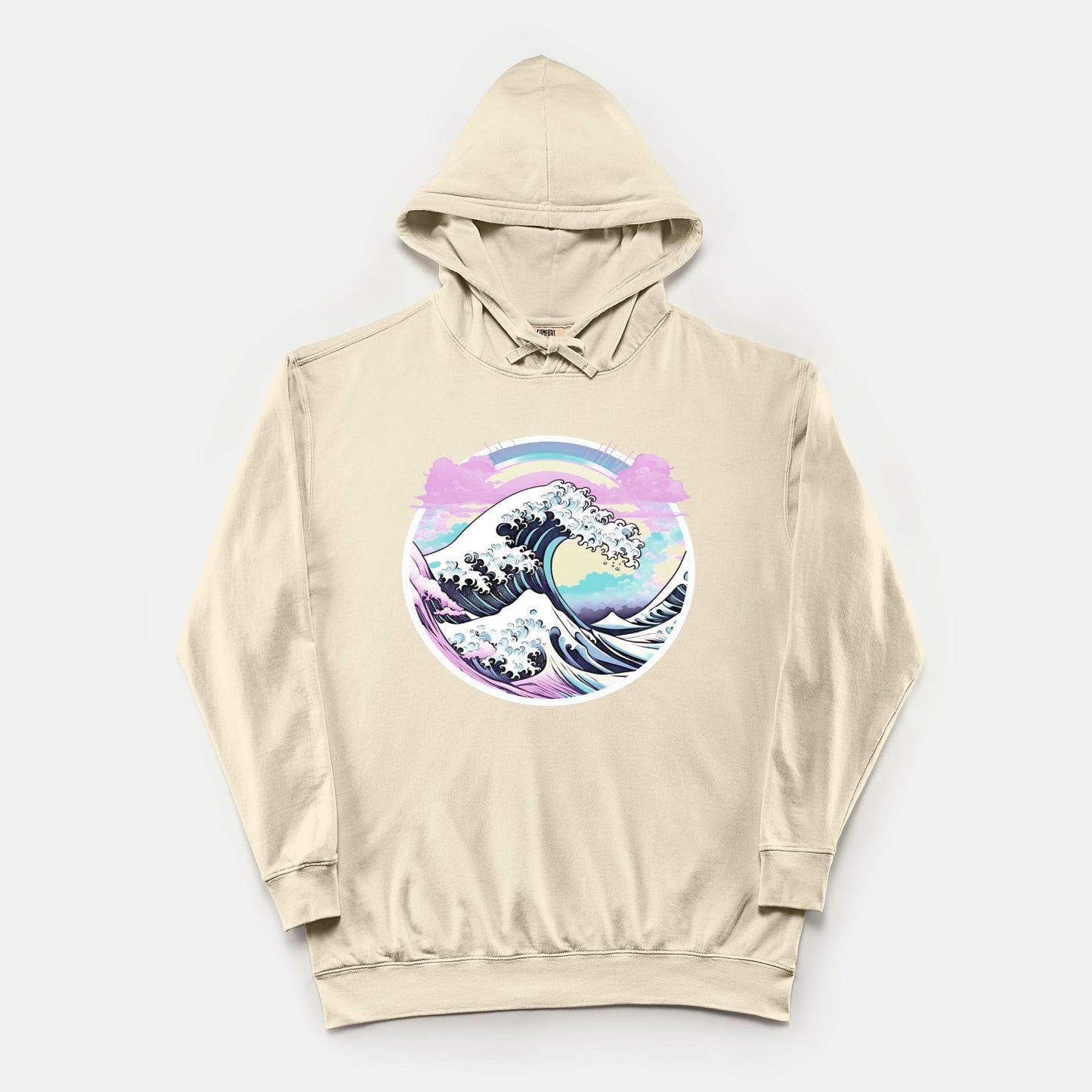 Pastel Great Wave Comfort Colors Lightweight Hooded Sweatshirt Ivory