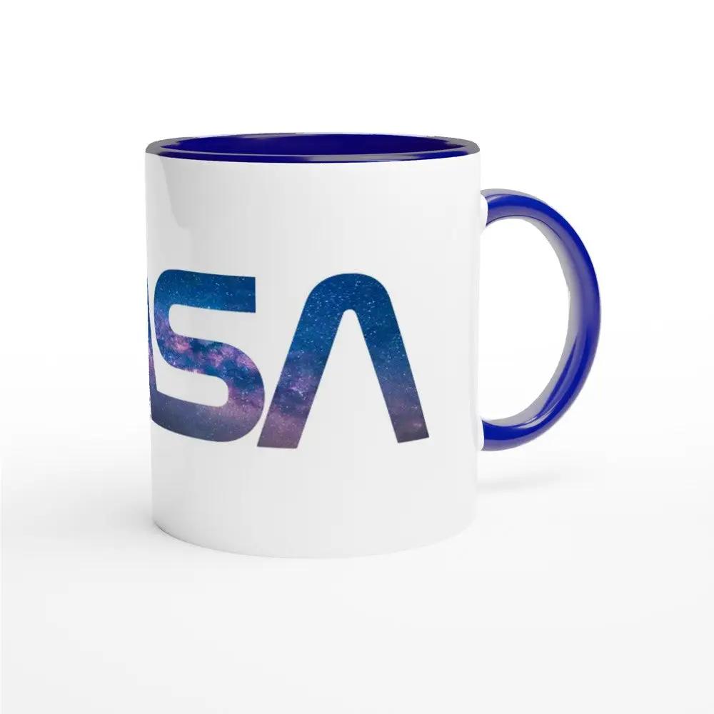 a white and blue coffee mug with the letter a5 printed on it