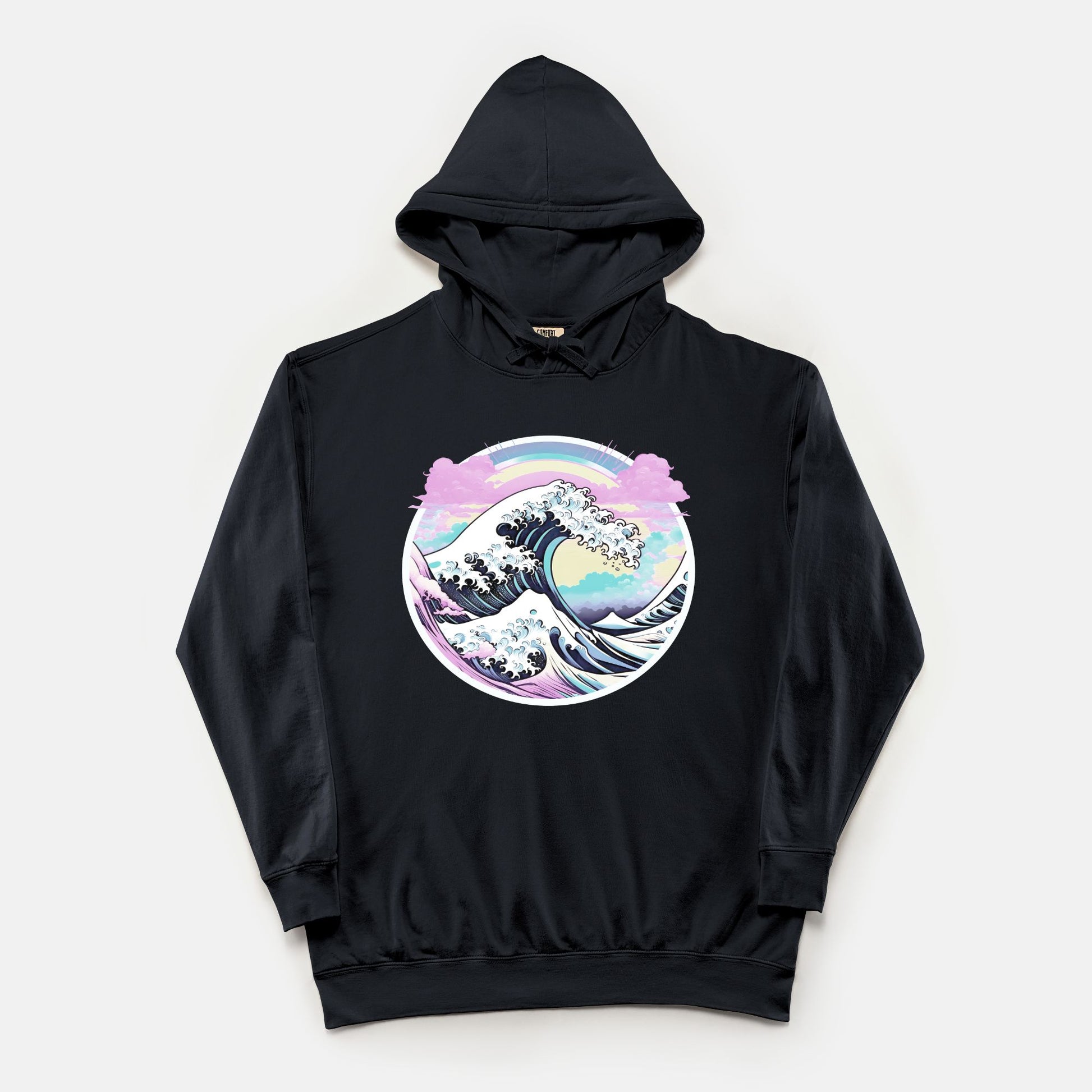 Pastel Great Wave Comfort Colors Lightweight Hooded Sweatshirt Black