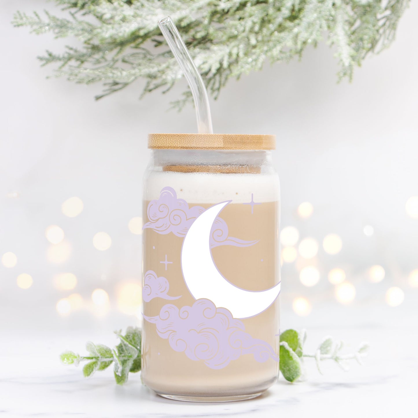 Lavender Moon and Clouds Glass Can 16oz