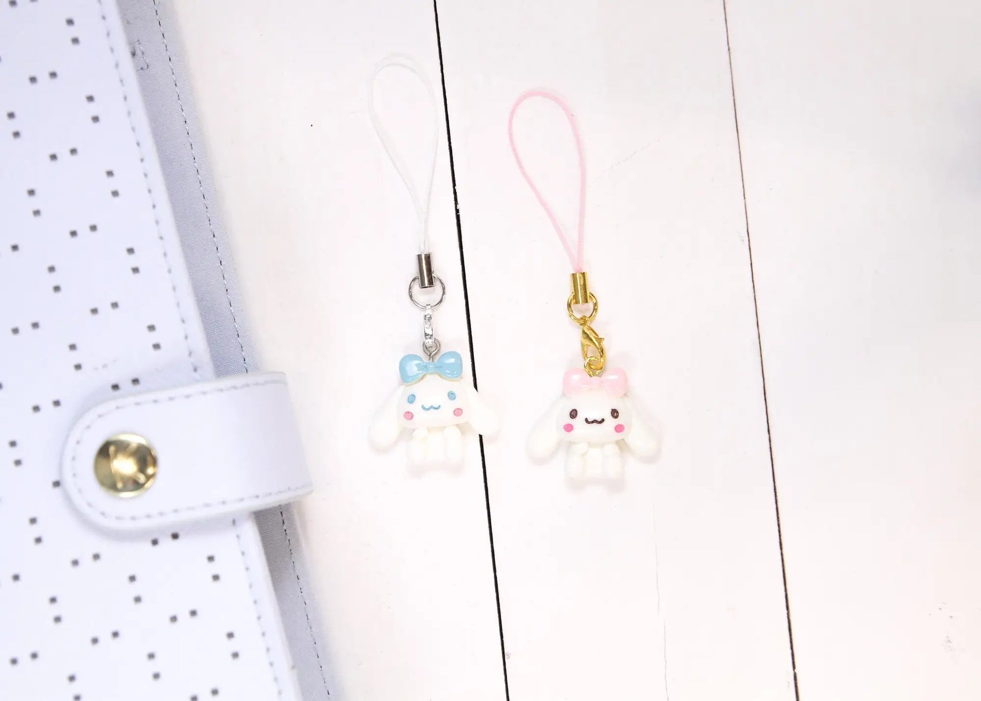 a couple of small key chains hanging from a wall