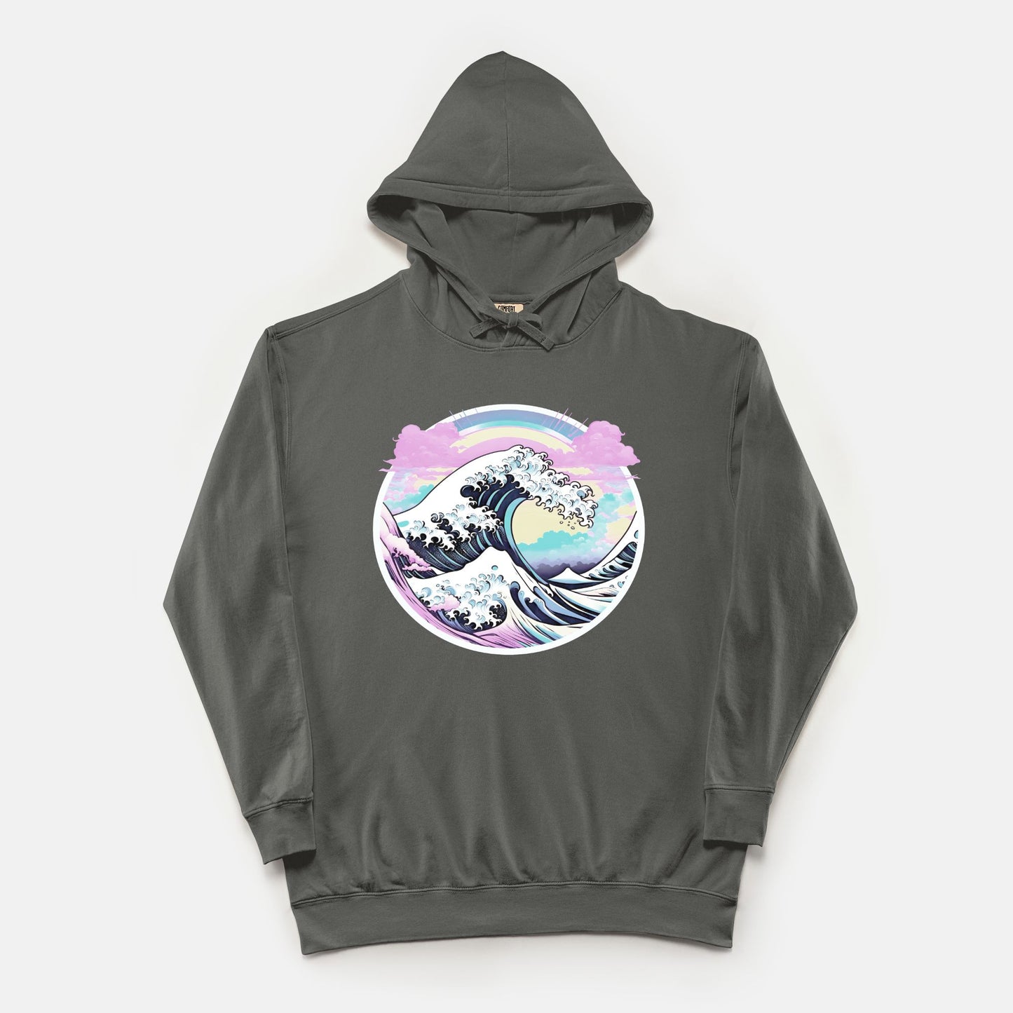 Pastel Great Wave Comfort Colors Lightweight Hooded Sweatshirt Pepper