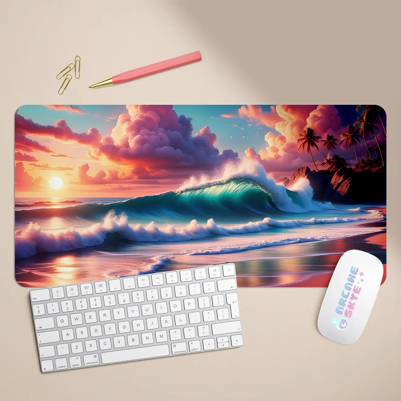 a computer mouse pad with a painting of a wave