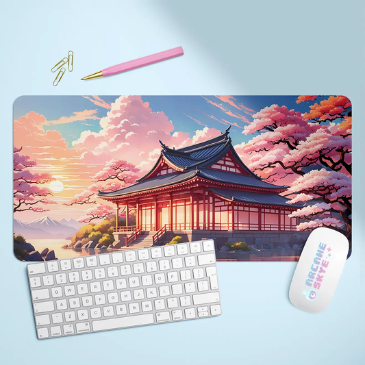 a mouse pad with a picture of a pagoda and a keyboard