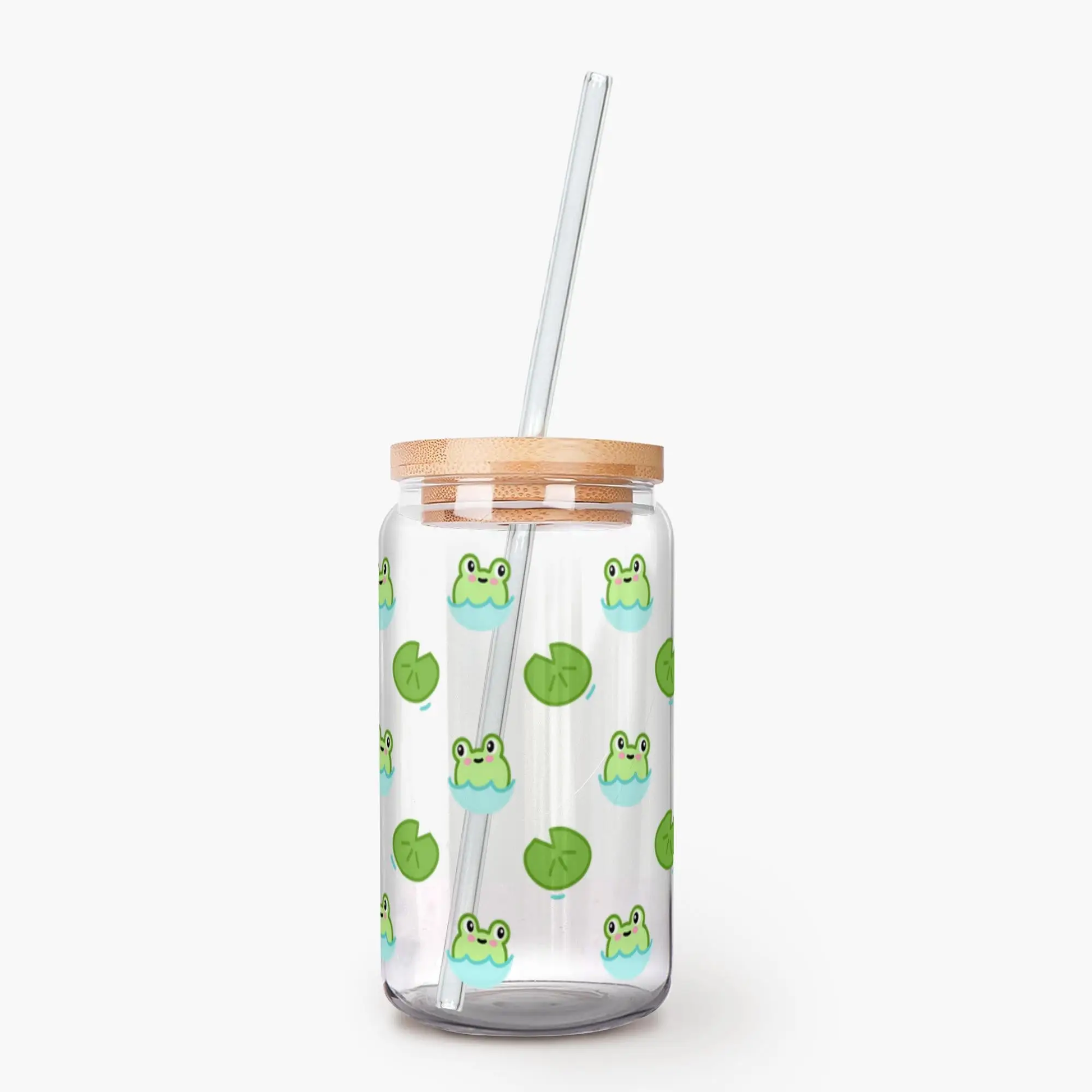 Frog Friends Soda Can Glass with Reusable Straw and Lid