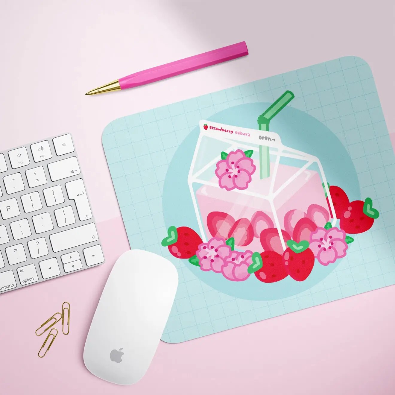 a mouse pad with a strawberry milkshake on it