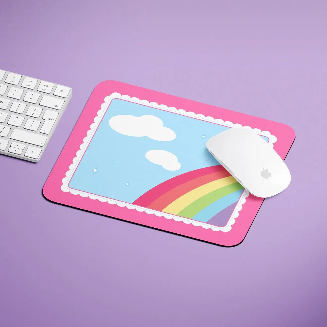 a mouse pad with a picture of a rainbow on it