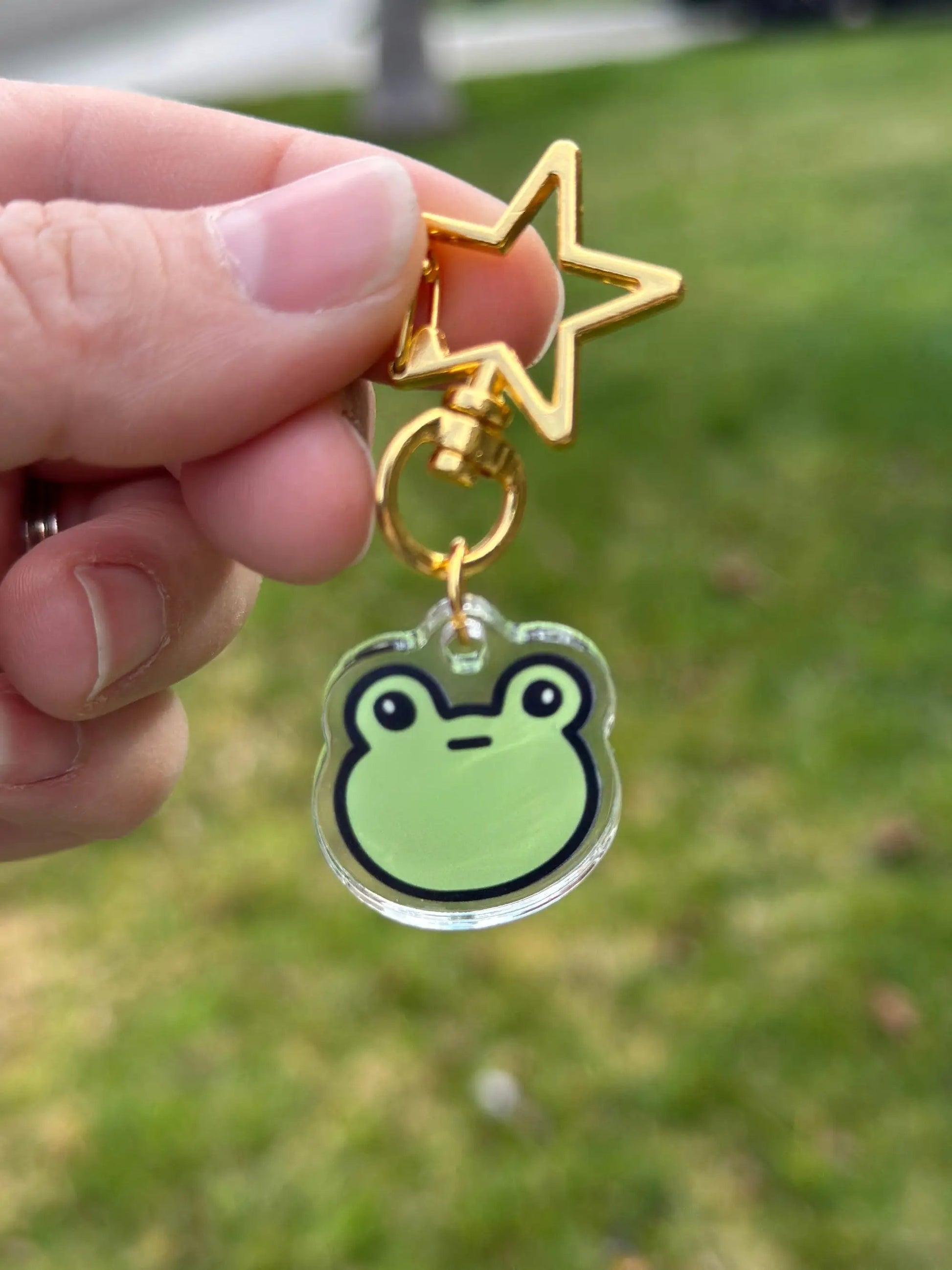 a person holding a keychain with a frog on it
