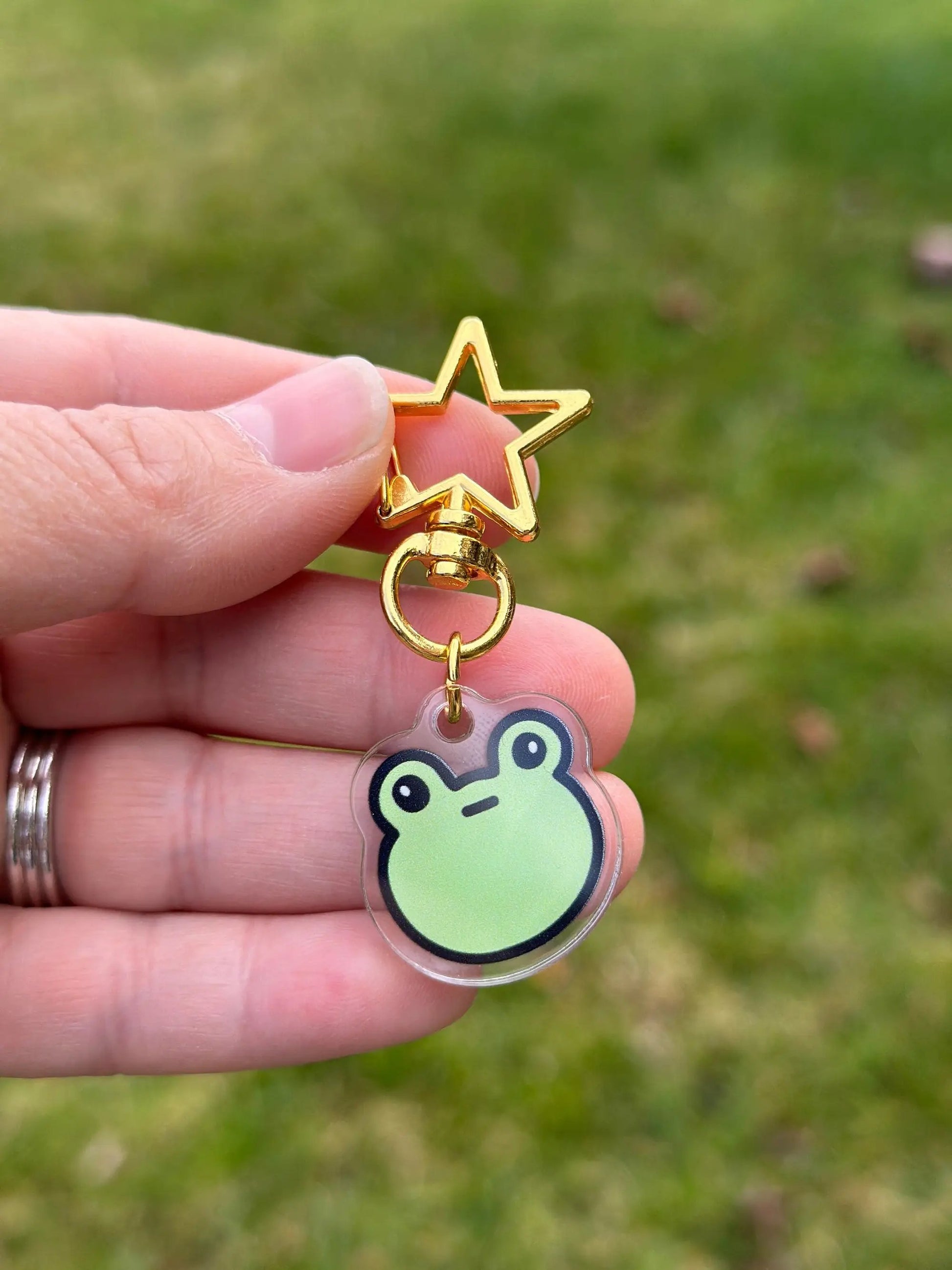 a person holding a key chain with a frog on it